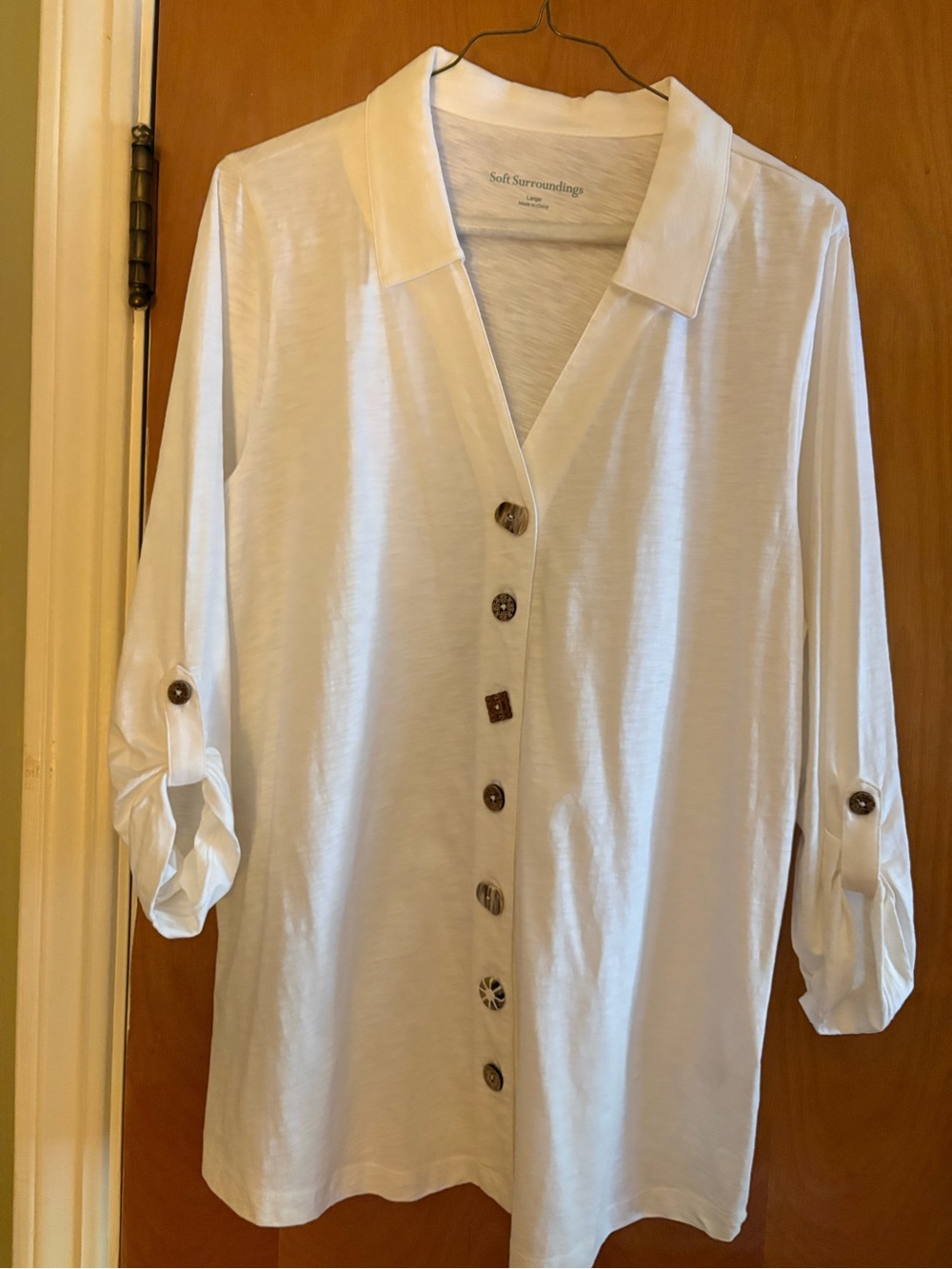 Soft Surroundings White Button-Front Roll Sleeve Shirt